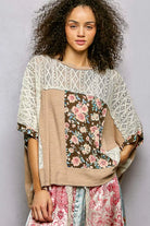 POL Dried Taupe Floral Patchwork Lace Accent Blouse