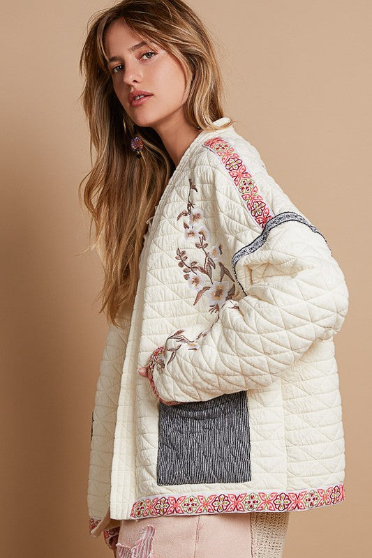 POL Embroidered Open Front Long Sleeve Jacket in Cream Coats & Jackets