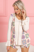 BiBi Cream Granny Square Print Contrast Annie Rib V Neck Top