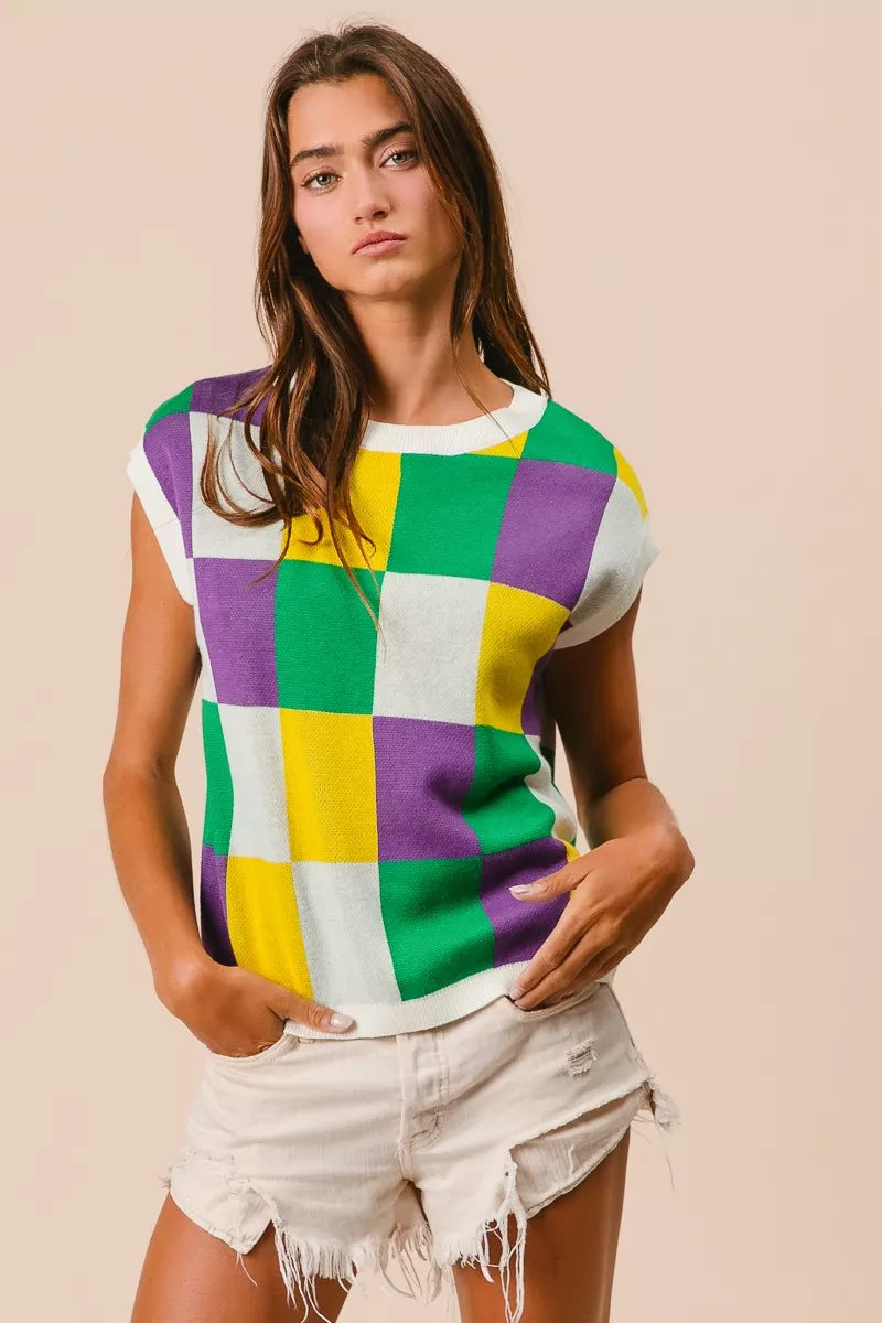 BiBi Mardi Gras Checker Pattern Sleeveless Sweater Top