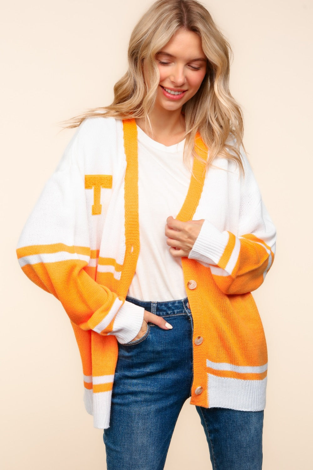 Haptics Game Day Orange "T" Embroidered Cardigan Trendsi