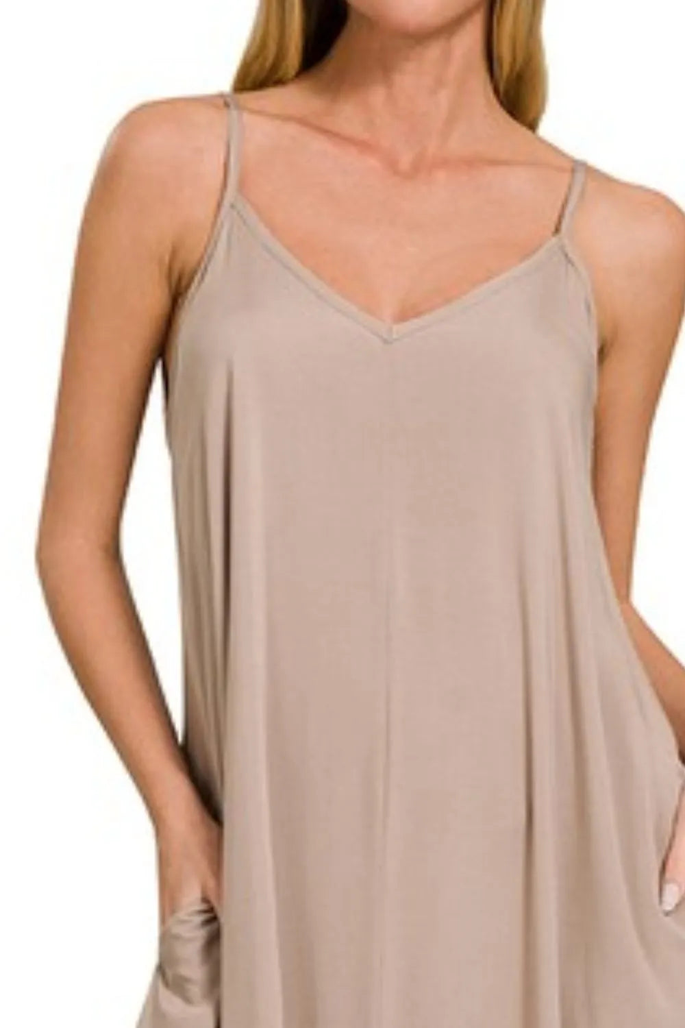Zenana Light Mocha Woven Arc Hem Cami Dress With Flowy Pockets