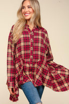 Haptics Burgundy/Taupe Plaid Button Down Sharkbite Shirt Trendsi