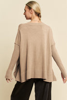 Davi & Dani Tan Ribbed Side Slit V-Neck Sweater