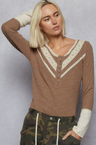 POL Chocolate Double Gauze Ribbed Half Button Lace Detail Knit Top