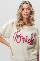 BiBi Ivory Bride Metallic Letter Short Puff Sleeve Hairy Sweater
