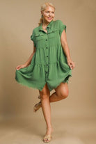 Umgee Green Frayed Hemline Button Down Shirt Dress