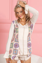 BiBi Cream Granny Square Print Contrast Annie Rib V Neck Top