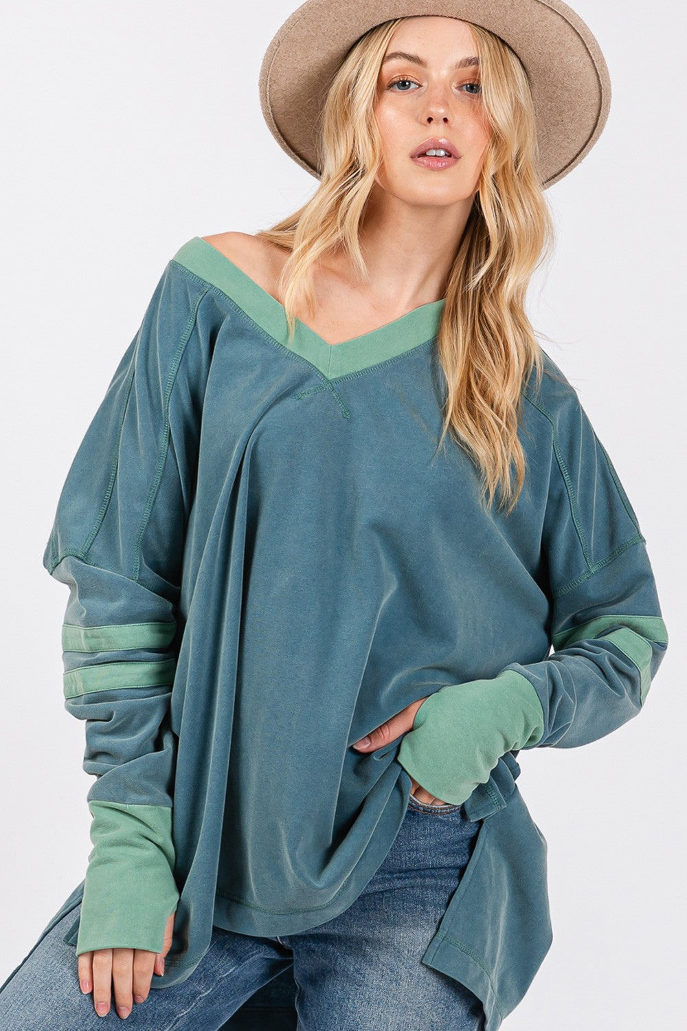 SAGE + FIG Teal Mineral Washed Side Slit Contrast Top Teal Trendsi