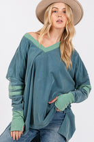 SAGE + FIG Teal Mineral Washed Side Slit Contrast Top Teal Shirts & Tops