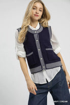 Umgee Contrast Striped Trim Button-Down Sweater Vest NAVY CREAM