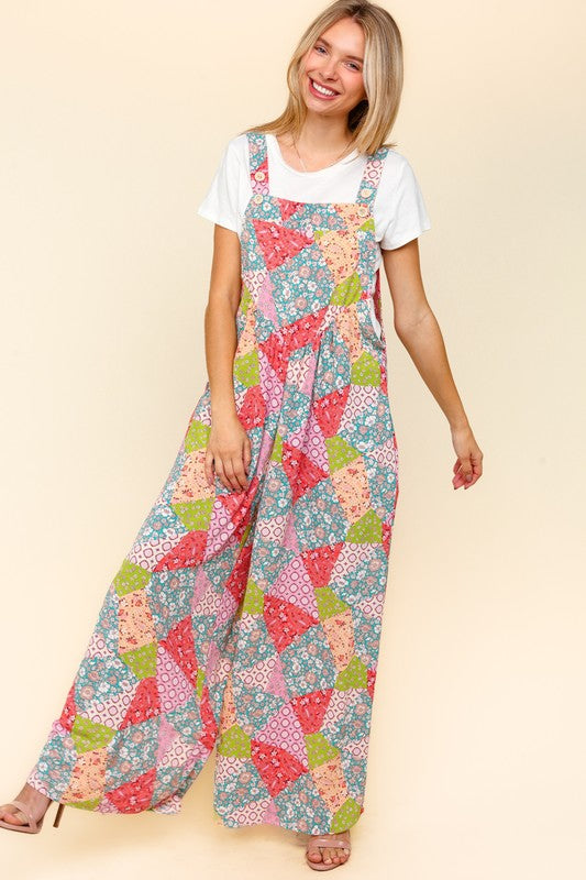 Haptics Coral Multi Printed Patchwork Wide Leg Overalls with Side Pockets