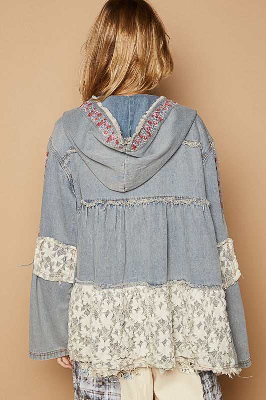 POL Embroidered Lace Patch Zip Up Hooded Jacket in Denim Multi Coats & Jackets