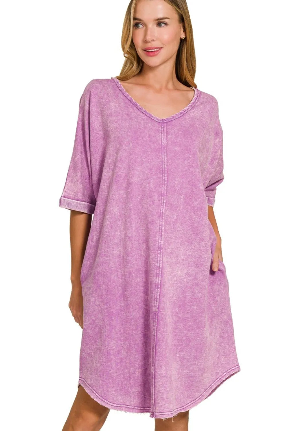 Zenana Bright Violet Acid-washed French Terry Tee Shirt Dress B VIOLET