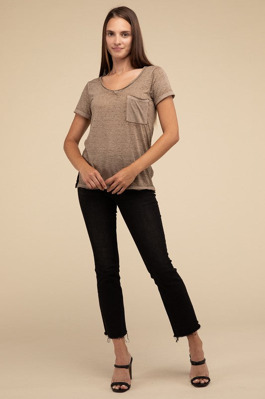 Washed Melange Burnout Scoop V-Neck Top ZENANA