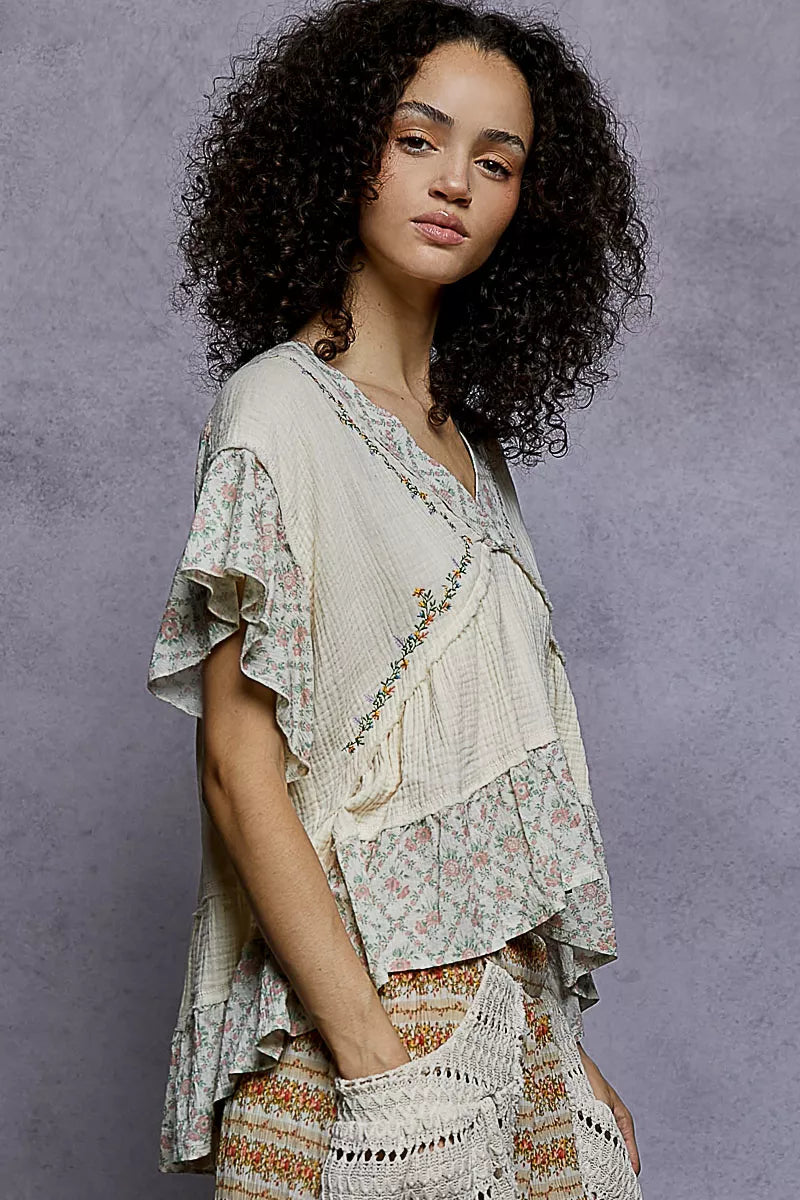 POL Floral V-Neck Short Sleeve Ruffled Double Gauze Blouse with Embroidery Detail