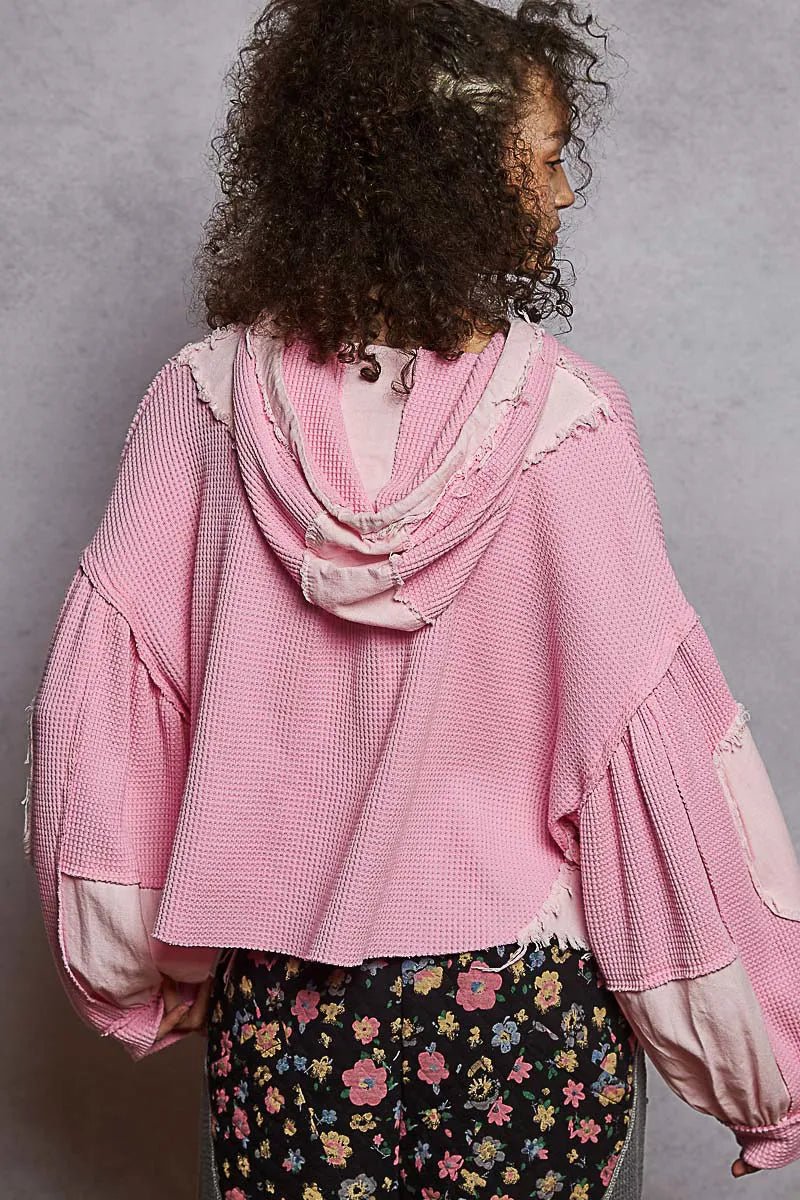 POL Fuchsia Pink Raw Hem Cropped Hooded Jacket