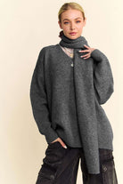 Davi & Dani Dark Gray V-Neck Dropped Shoulder Sweater with Scarf Set Dark Gray Trendsi