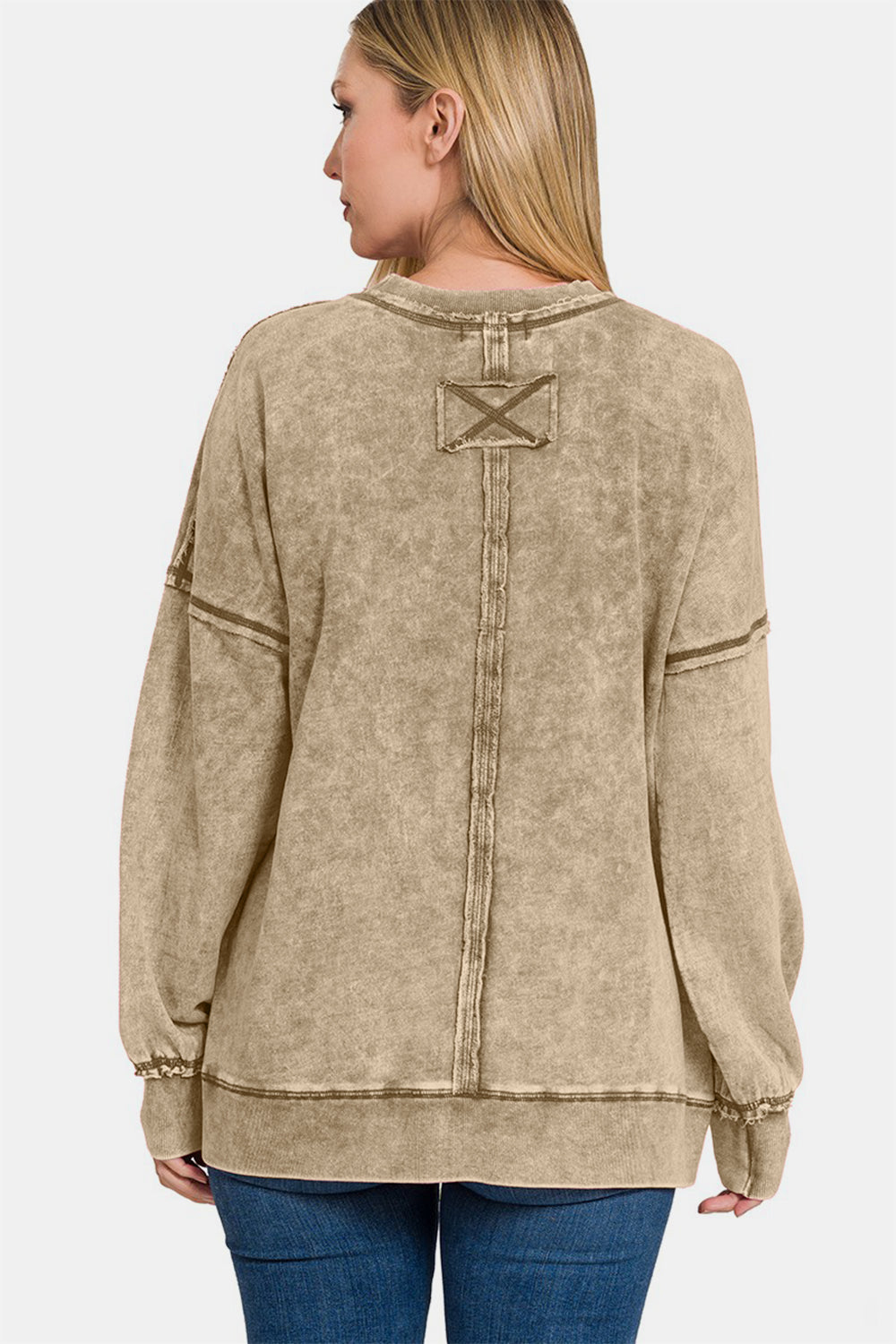 Zenana Mocha Acid Washed French Terry Exposed Seam Dropped Shoulder Sweatshirt Trendsi