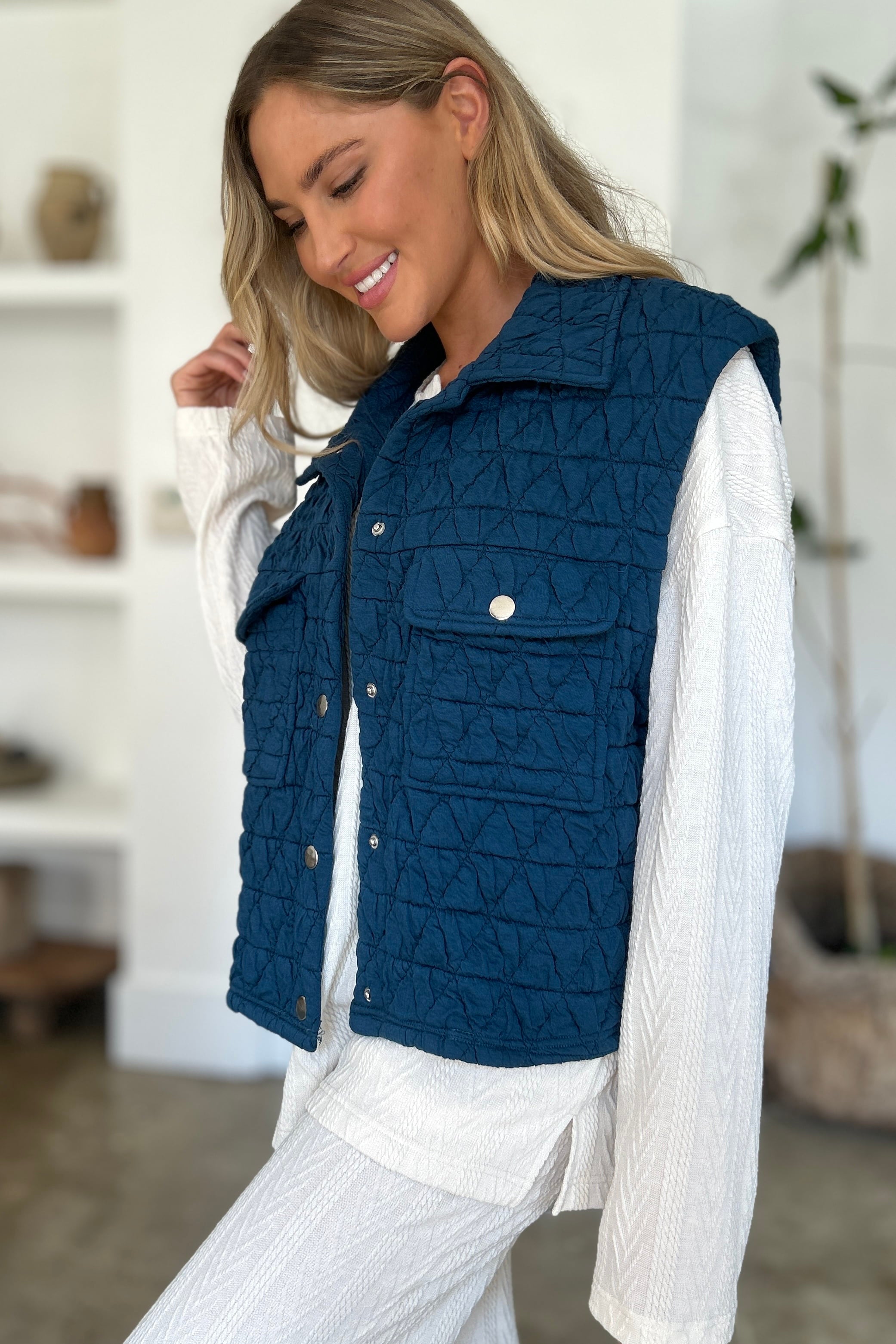 Double Take Pocketed Quilted Textured Snap Down Vest Coat Trendsi