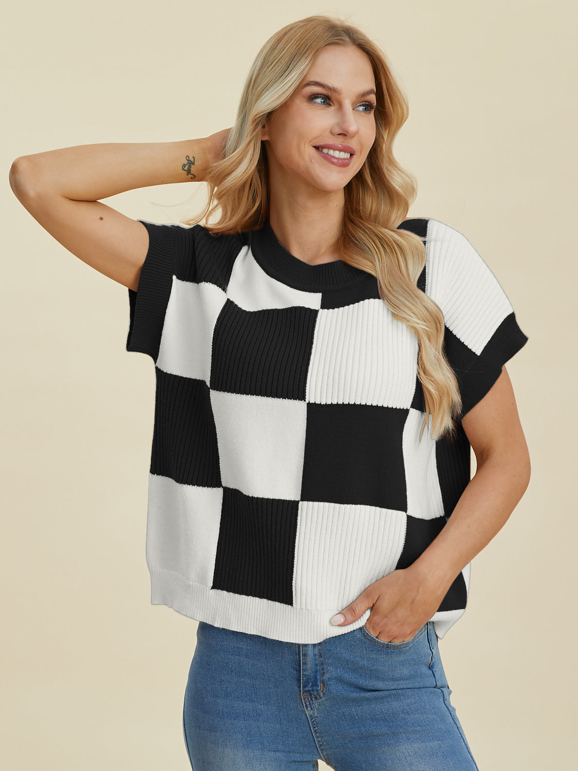 Double Take Checkered Round Neck Short Sleeve Sweater Trendsi