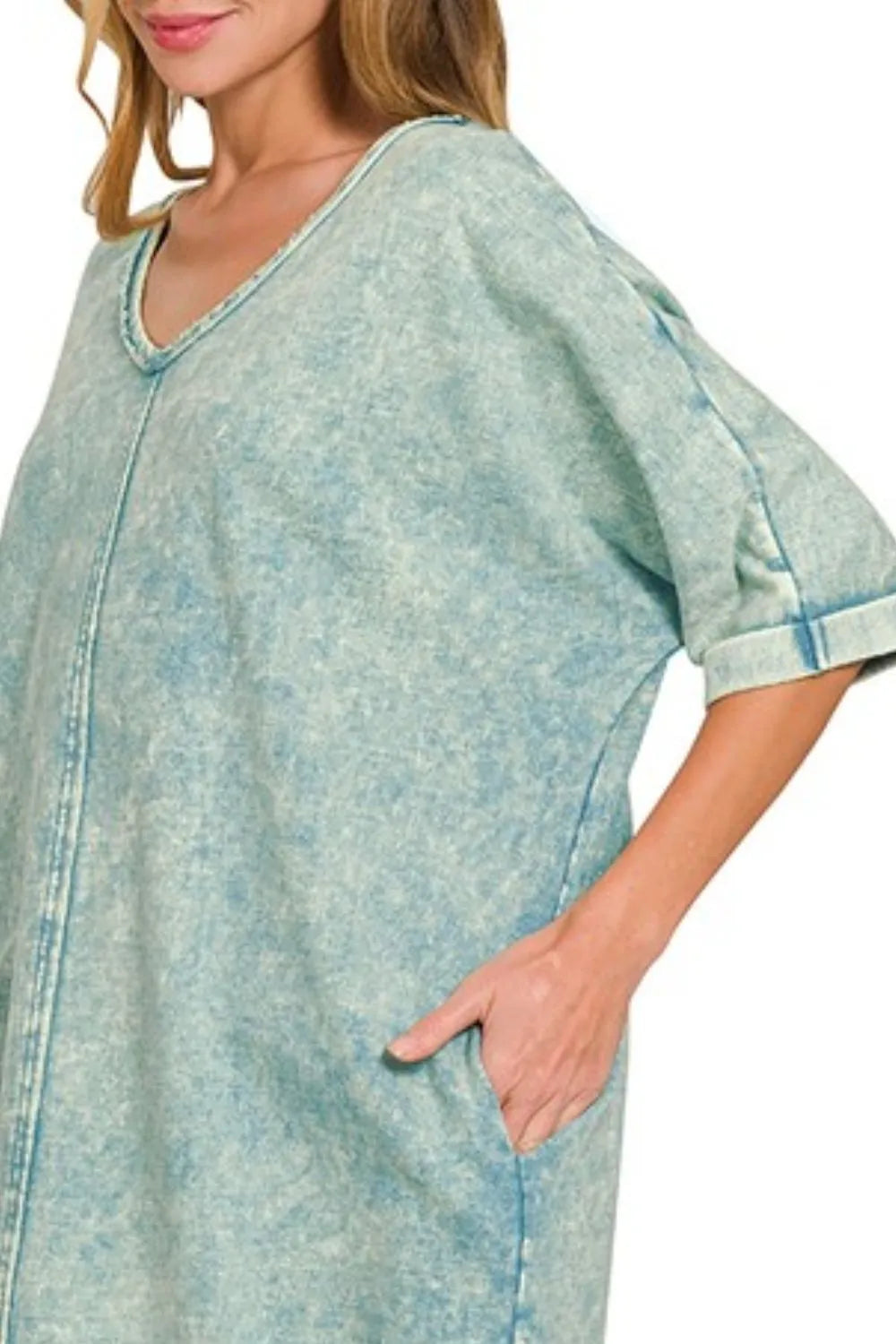 Zenana Ash Blue Acid-washed French Terry Tee Shirt Dress