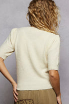 POL Cream Round Neck Strawberry Patch Sweater with Shirring Shoulder