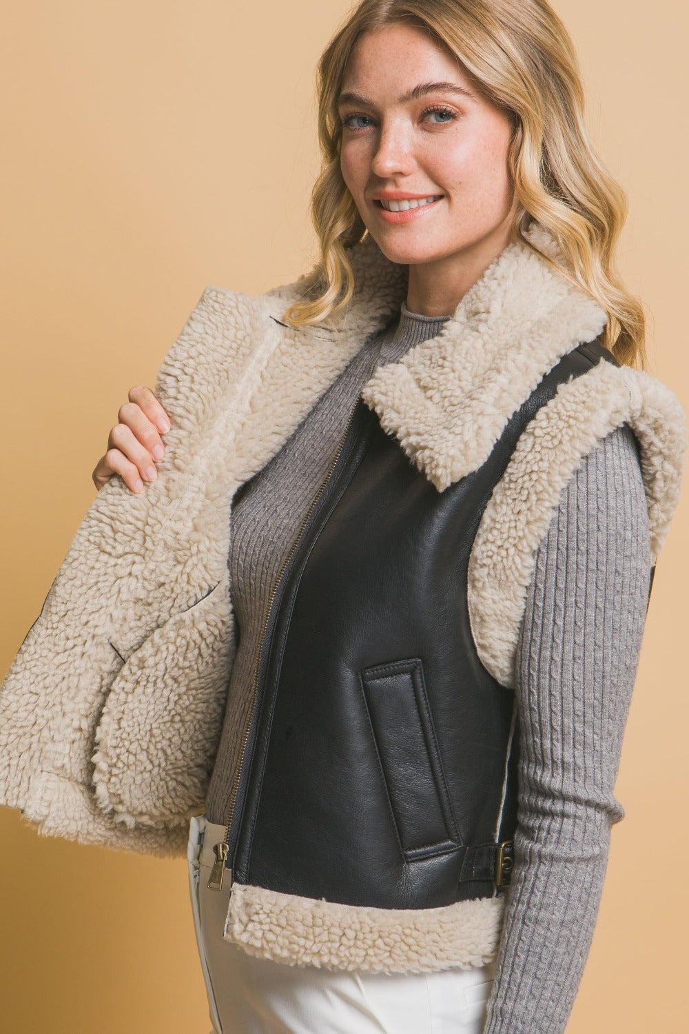 Love Tree Sherpa Zip Up Vest with Pockets Trendsi