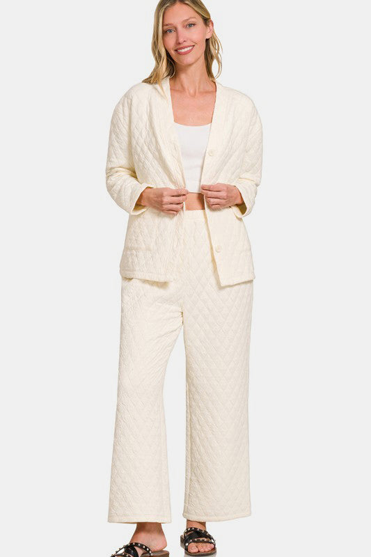 Zenana Beige Quilted Button Up Long Sleeve Top and Pants Lounge Set