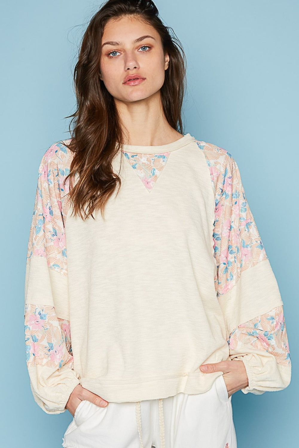 POL Round Neck Balloon Floral Long Sleeve Top Cream Multi Trendsi