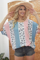 BiBi Pink and Blue Leopard Stripe Printed French Terry Oversized Top