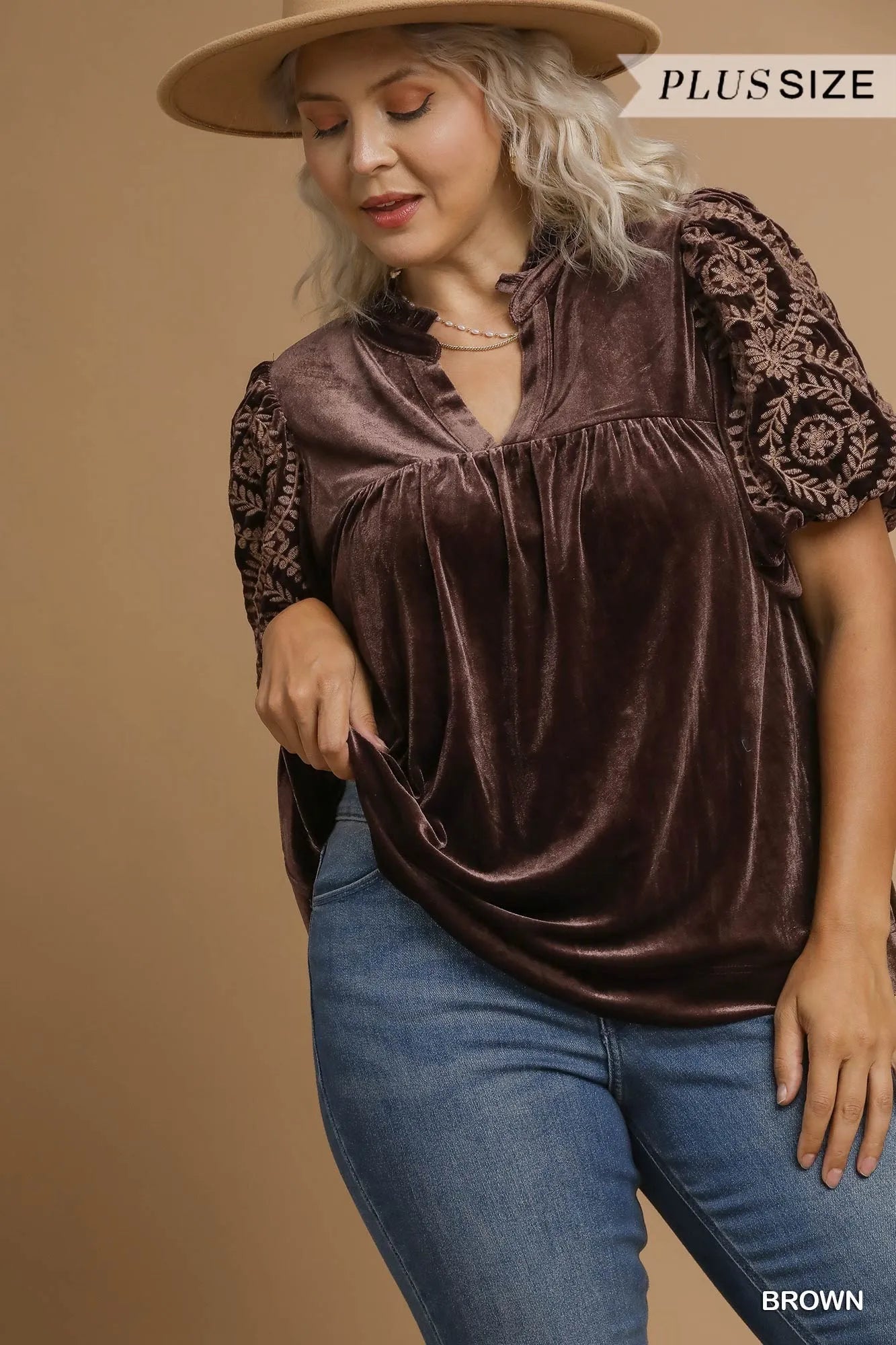 Umgee Brown Velvet Embroidered Sleeve Blouse