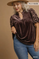Umgee Brown Velvet Embroidered Sleeve Blouse