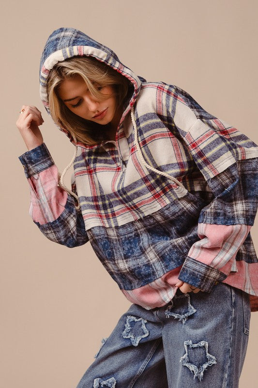 BiBi Drawstring Multi Color Plaid Drop Shoulder Hoodie