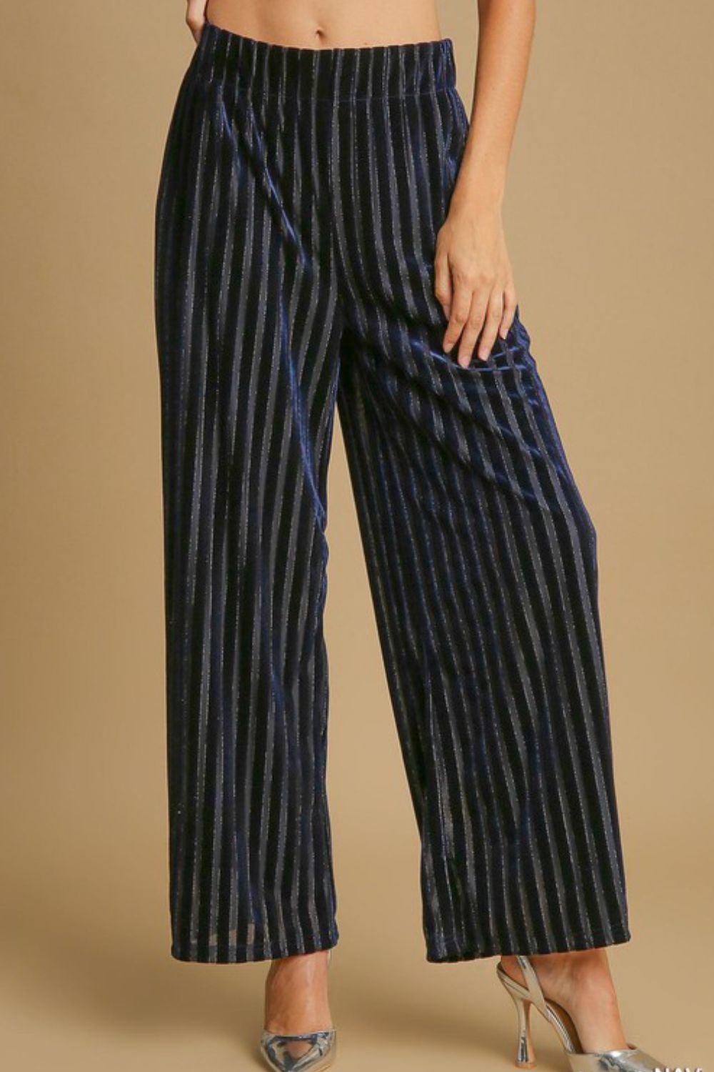 Umgee Navy Elastic Waist Striped Wide Leg Velvet Pants Navy Pants