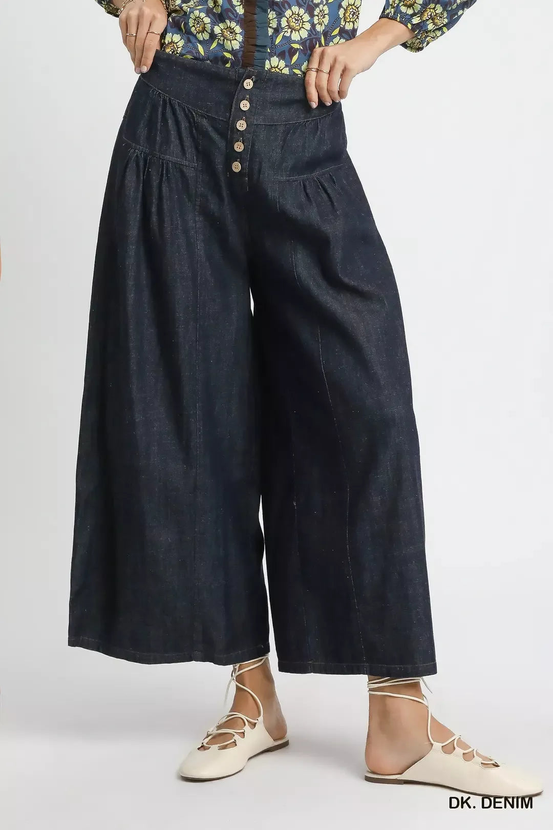 Umgee Dark Denim Stone Washed Wide-Leg Button-Front Culottes DK. DENIM
