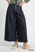 Umgee Dark Denim Stone Washed Wide-Leg Button-Front Culottes DK. DENIM