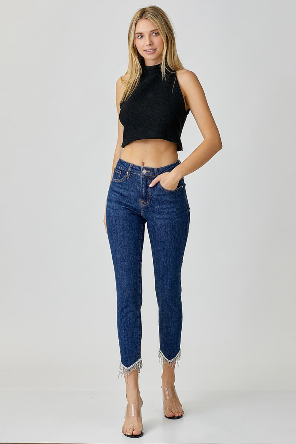 RISEN Dark Washed Embellished Mid Rise Crop Skinny Jeans