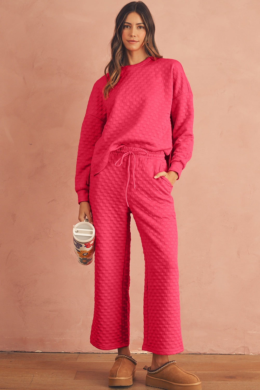 Strawberry Pink Checkered Textured Split Pullover Top and Pants Set Strawberry Pink Shewin