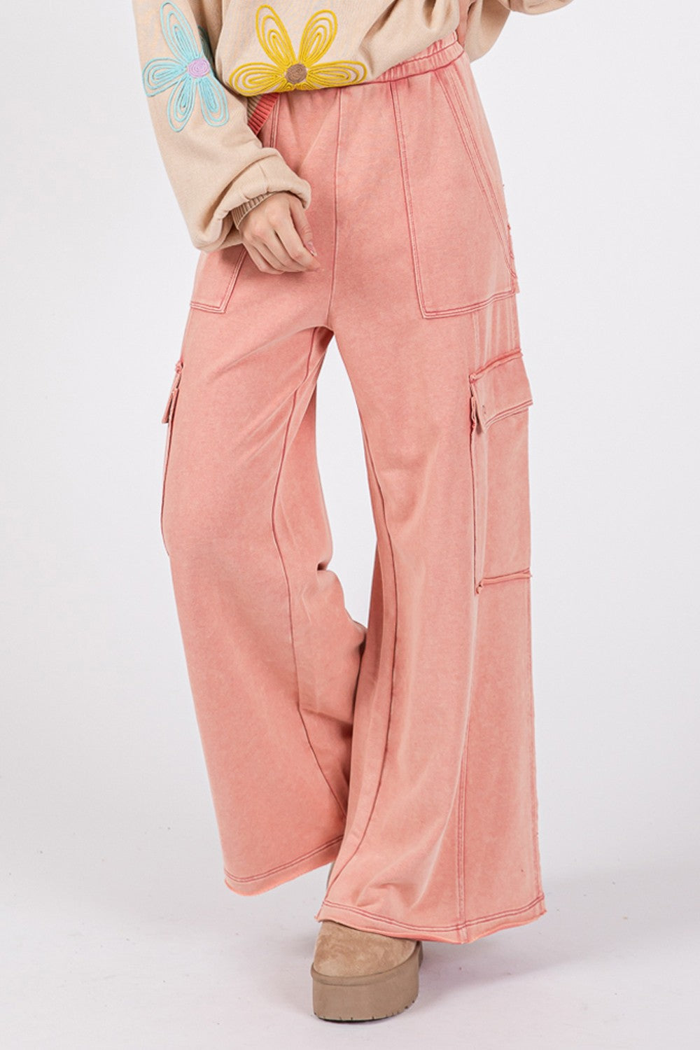 SAGE + FIG Rose Knit Terry Mineral Wash Wide Leg Pants Trendsi