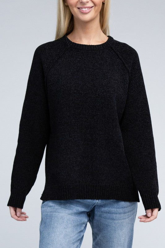 Zenana Raglan Chenille Long Sleeve Sweater BLACK ZENANA