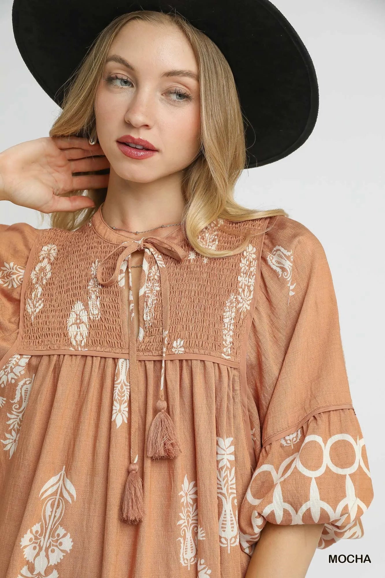 Umgee Border Print Tassel Tie Neck Mini Dress