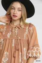 Umgee Border Print Tassel Tie Neck Mini Dress