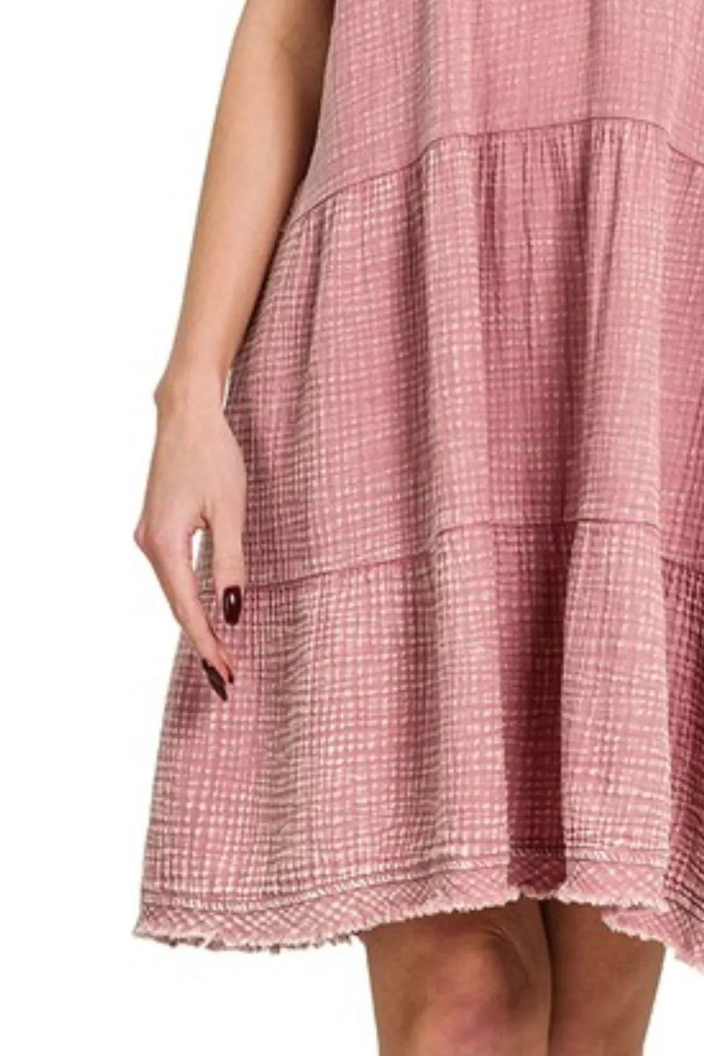 Zenana Light Rose Washed Double Gauze Raw Edge V-Neck Dress