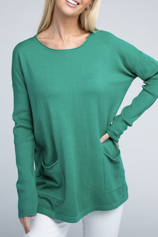 Zenana Viscose Front Pockets Sweater H K GREEN ZENANA
