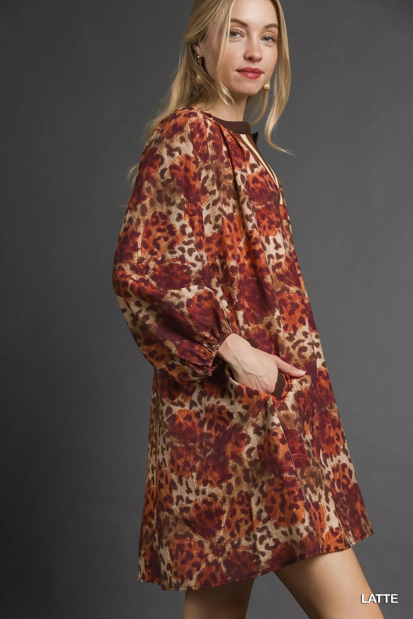 Umgee Latte Animal Print Boho Tunic Dress with Contrast Trim Detail