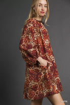 Umgee Latte Animal Print Boho Tunic Dress with Contrast Trim Detail