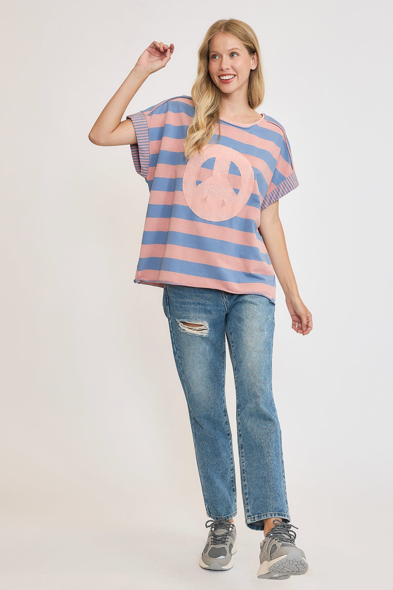 Umgee Washed Dusty Blue & Pink Peace Sign Patch Striped French Terry Top Shirts & Tops