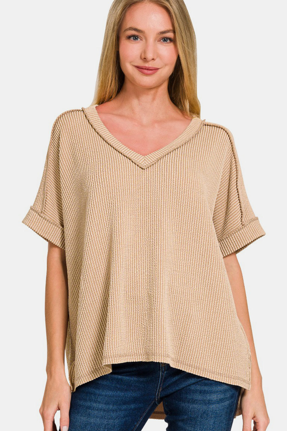 Zenana Light Mocha Corded Ribbed Short Sleeve High-Low Top LT Mocha Trendsi