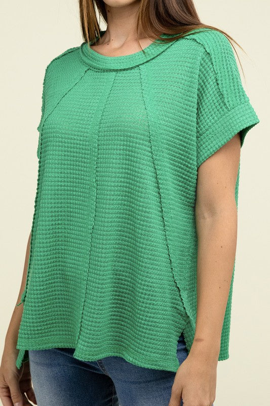 Zenana Brushed Waffle Exposed-Seam Short Sleeve Top K GREEN ZENANA